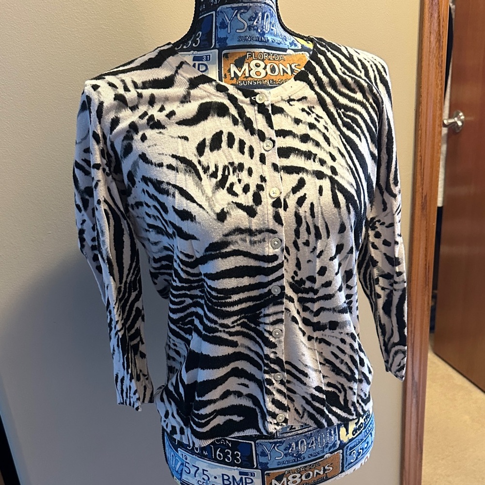 New York & Company Black and White Zebra Print Cardigan